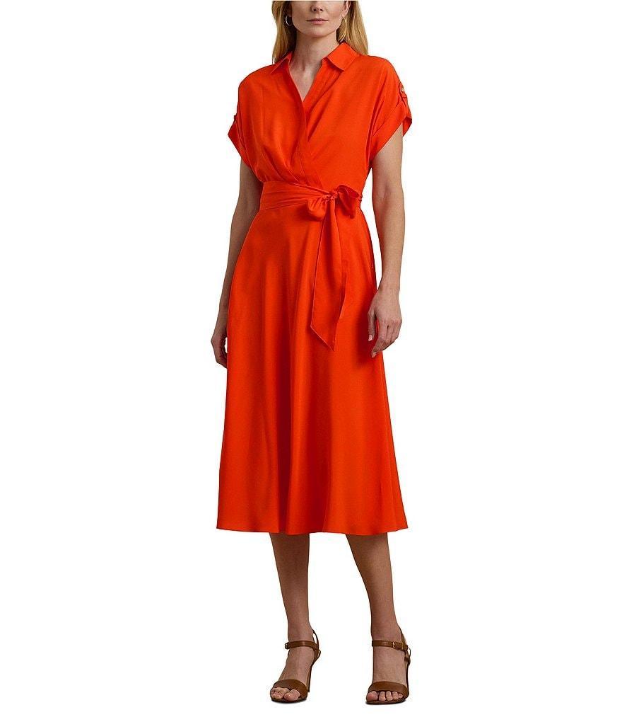 Lauren Ralph Lauren Crepe Spread Collar Neck Short Sleeve Belted A-Line Midi Dress Product Image