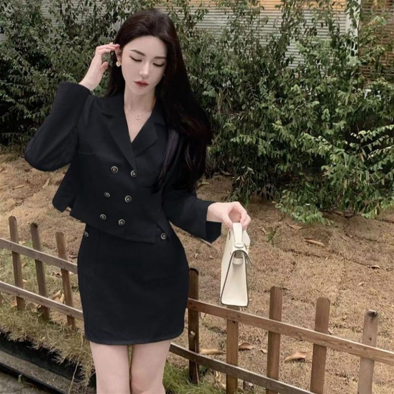 Set: Plain Double-Breasted Blazer + High Rise Mini Pencil Skirt Product Image