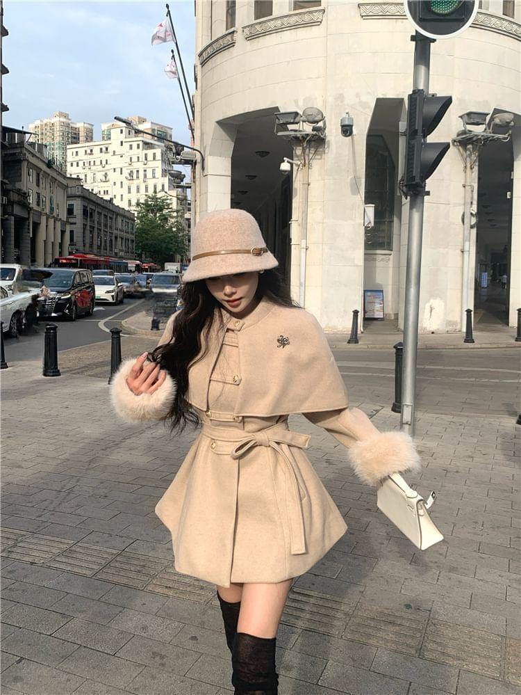 Detachable Cape-Sleeve Furry-Trim Wool Coat with Sash Product Image