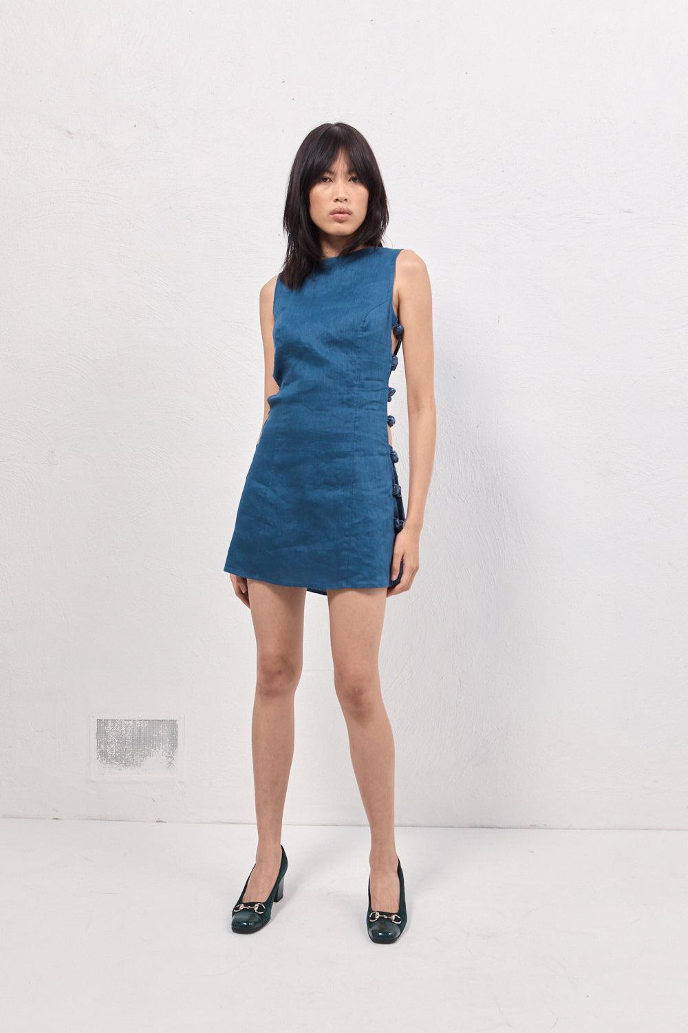 Tia Linen Mini Dress Navy Product Image