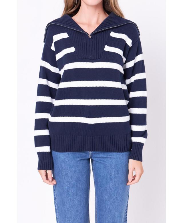 English Factory Womens Striped Knit Zip Pullover Sweater - Navy Product Image