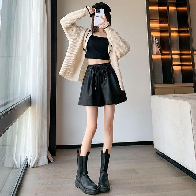 High Waist Plain Faux Leather Wide Leg Shorts Product Image