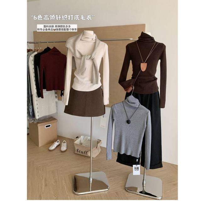 Long Sleeve Turtleneck Plain Ribbed Knit Top Product Image