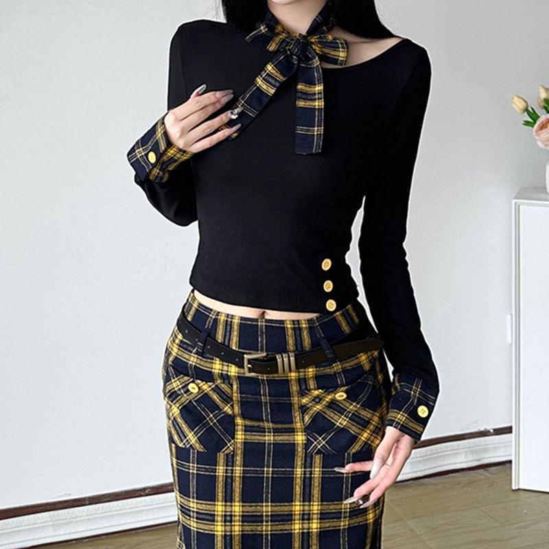 Long-Sleeve Plain Knit Top / High Rise Plaid Pencil Skirt Product Image