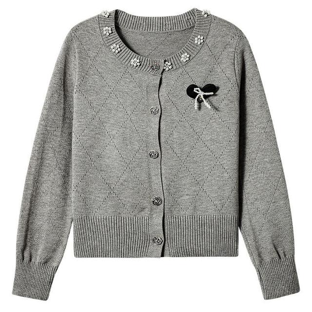 Round Neck Heart Applique Beaded Cardigan Product Image