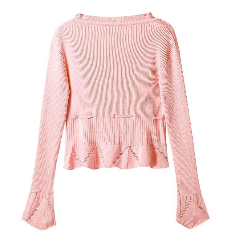 Long-Sleeve Ruffle Ribbed Knit Top Product Image