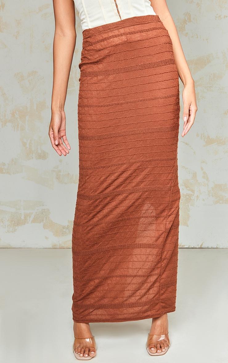 Chocolate Sheer Textured Split Back Maxi Skirt Product Image