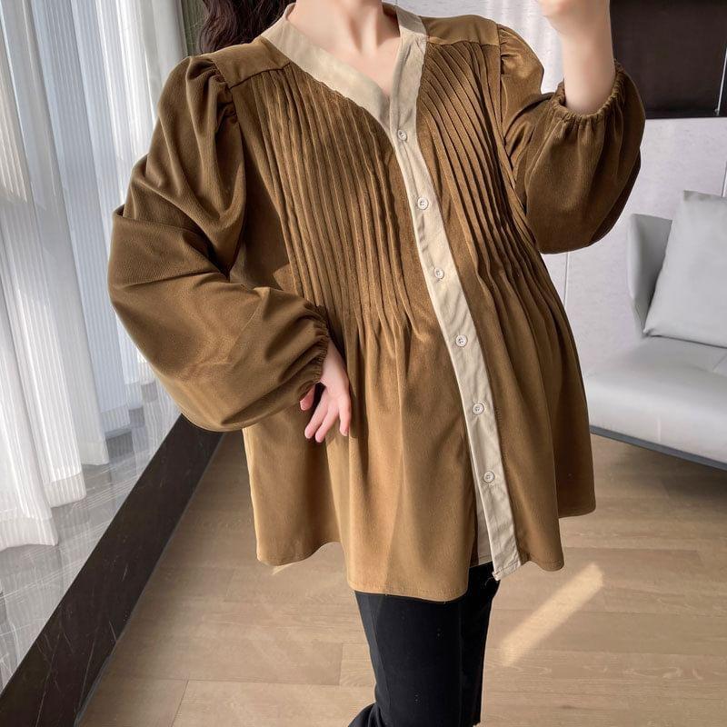 Maternity Long Sleeve V-Neck Contrast Trim Pleated Blouse Product Image