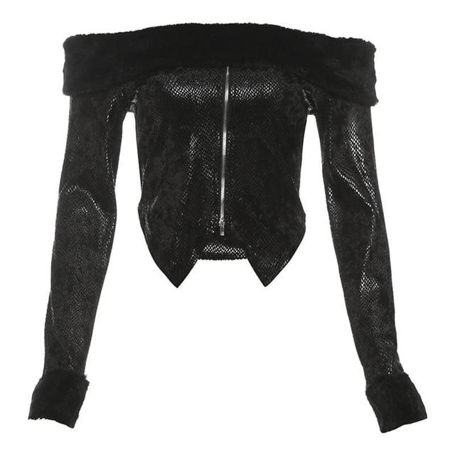 Long Sleeve Off-Shoulder Furry-Trim Zip-Up Slim-Fit Top / Low Rise Mini Pencil Skirt Product Image