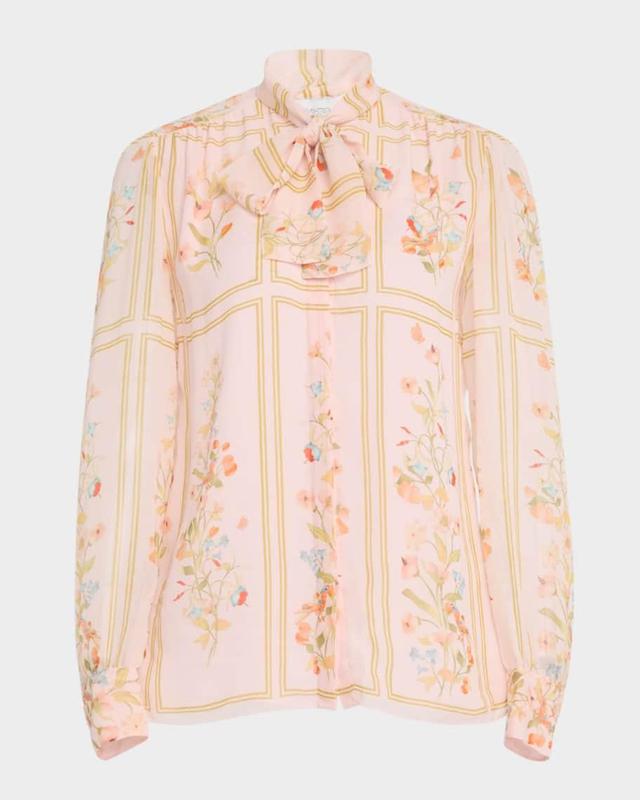 Floral-Print Neck-Tie Silk Blouse Product Image