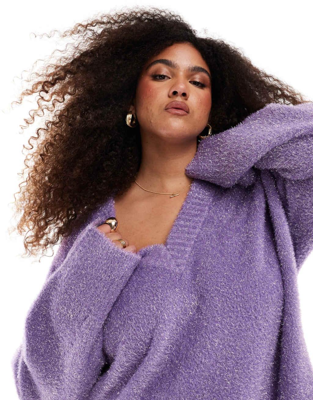 Renee Studio x Michelle Nayla exclusive tinsel v neck wide sleeve sweater in purple Product Image