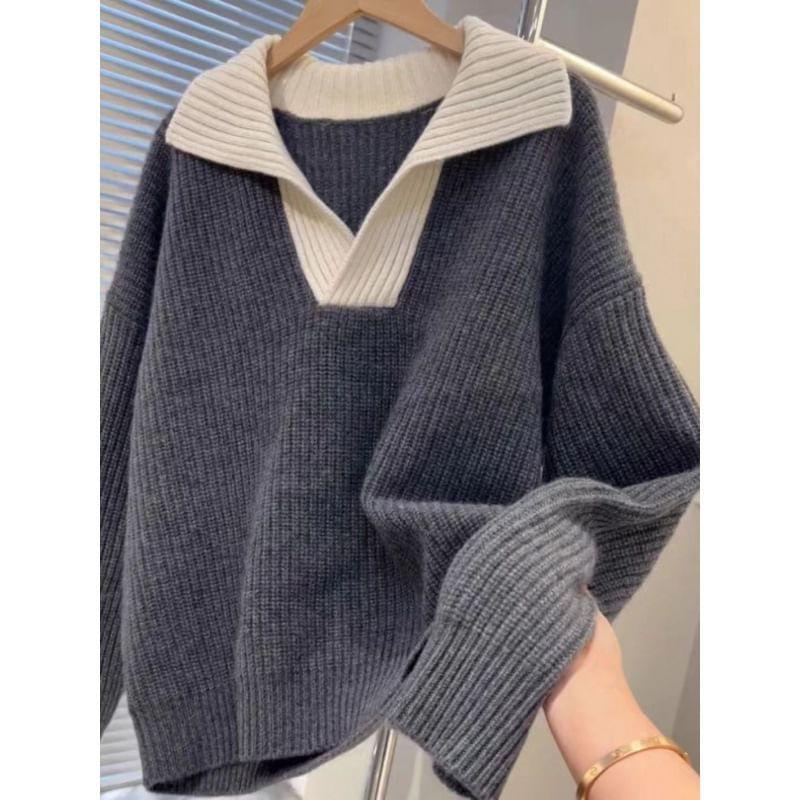 V-Neck Contrast Collar Ribbed Sweater Product Image