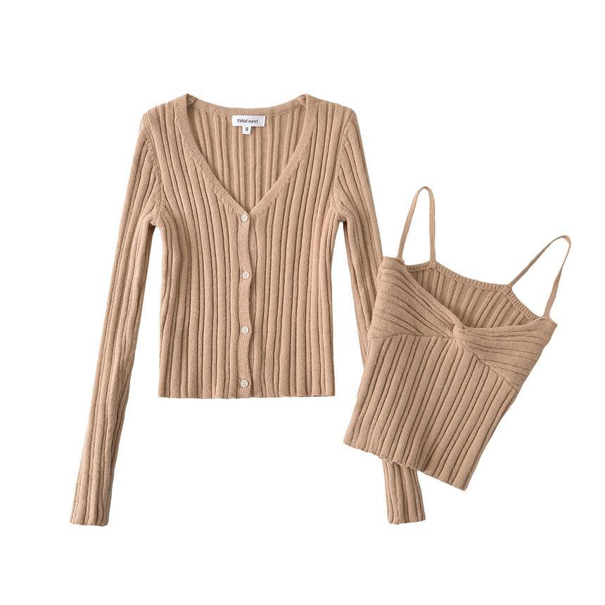 Set: Long-Sleeve V-Neck Plain Button Ribbed Knit Top + Knot Crop Cami Top Product Image