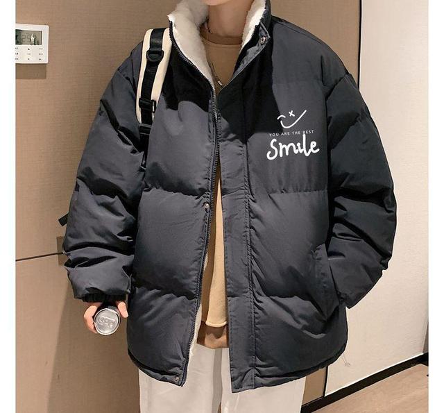 Stand Collar Lettering Zip Puffer Jacket Product Image