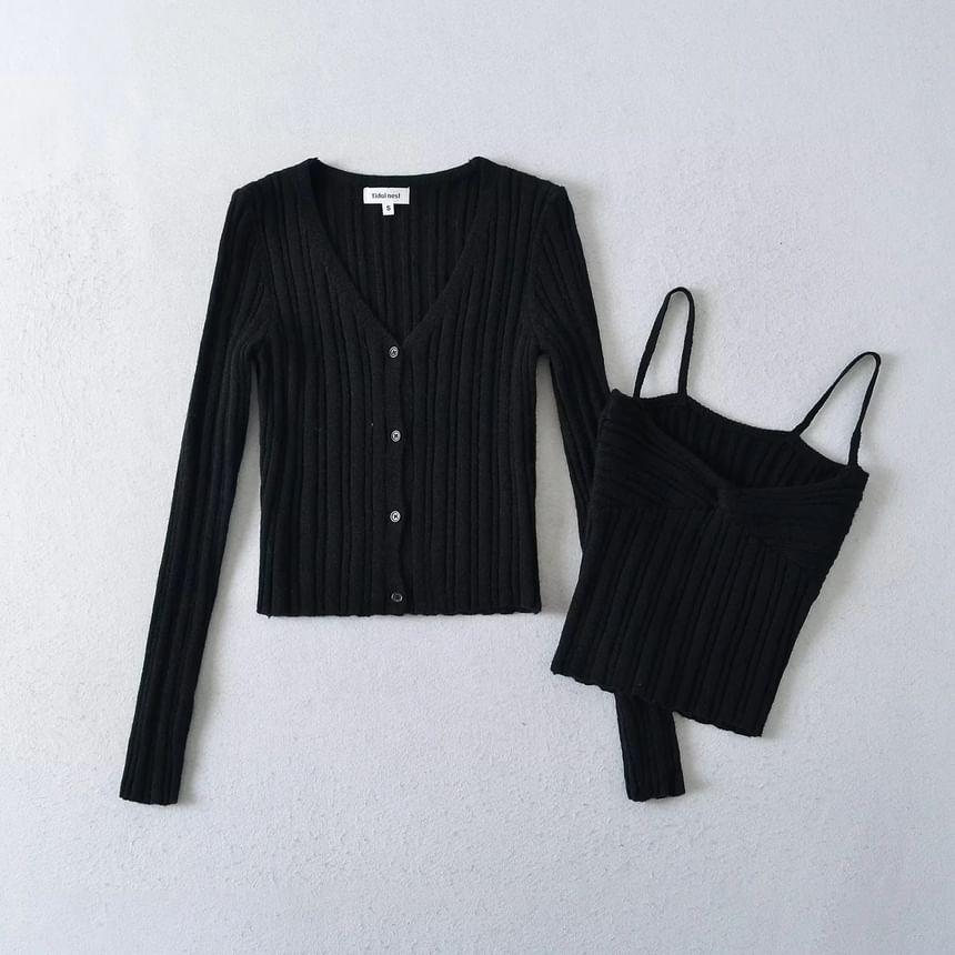 Set: Plain Cardigan + Twisted Crop Cami Top Product Image