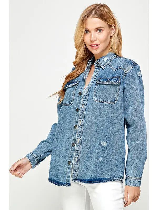 Women's Distressed Denim Wash Jacket Product Image