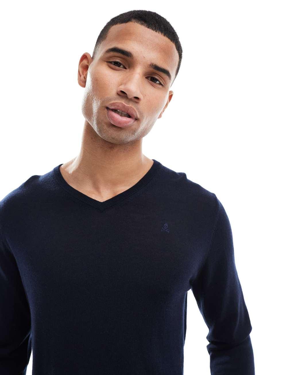 Scalpers classic V-neck sweater in navy   Product Image