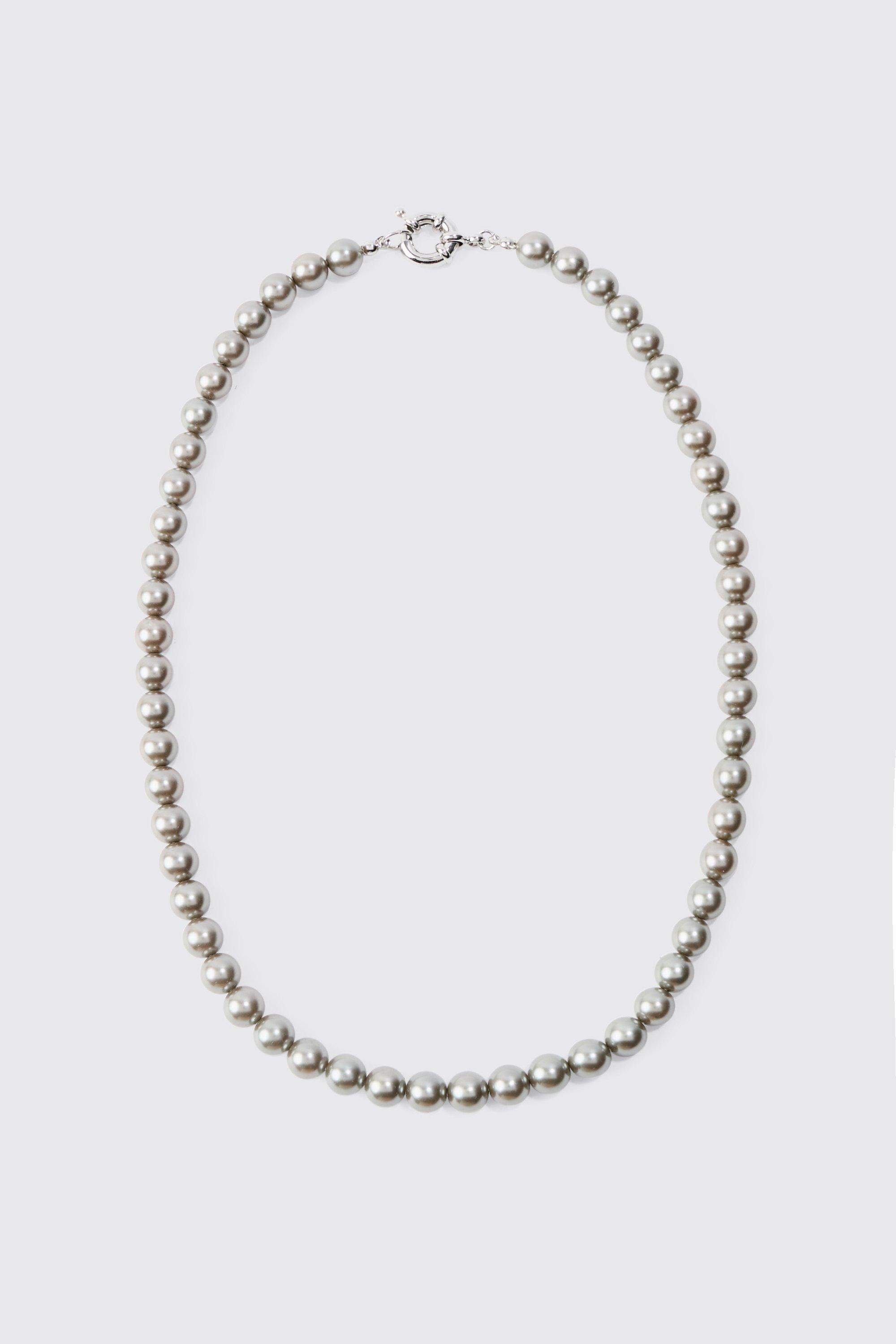 220mm Pearl Bead Necklace In Charcoal | boohooMAN USA Product Image