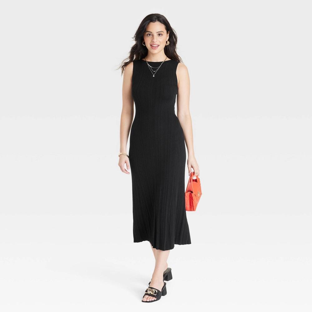 Women's Faux Plisse Midi Sweater Dress - A New Day™ Black M Product Image