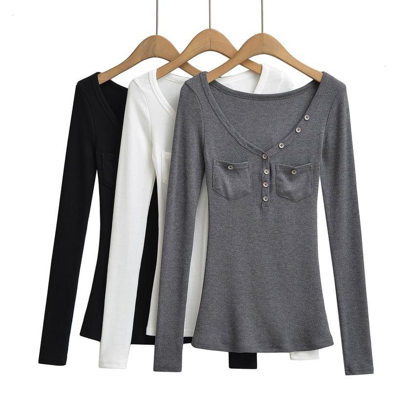 Long Sleeve V-Neck Plain Henley Ribbed Knit Top Product Image