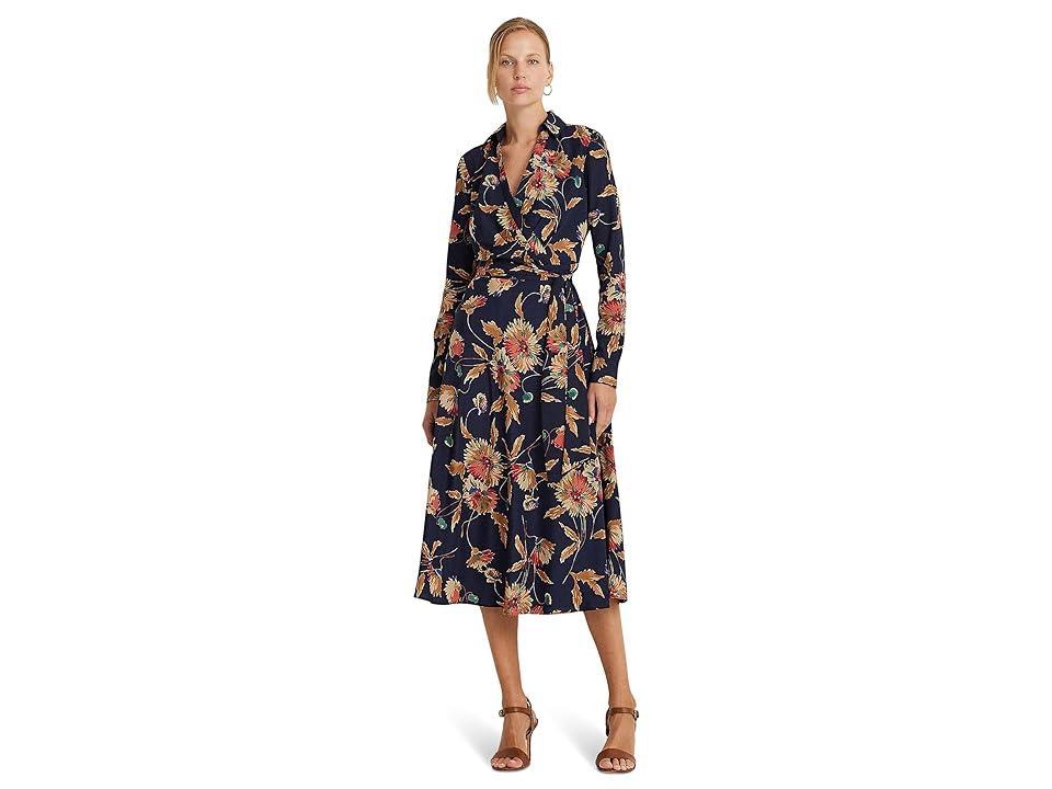 LAUREN Ralph Lauren Floral Surplice Crepe Midi Dress Tan/Multi) Women's Dress Product Image