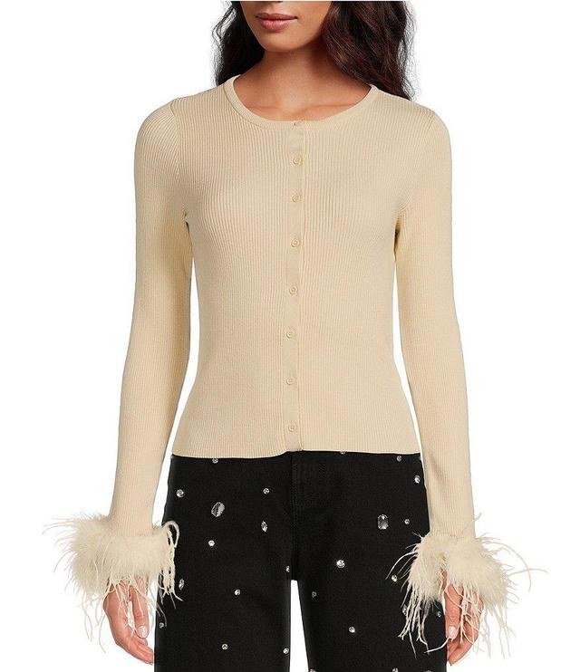 Gianni Bini Farrah Ribbed Knit Feather Trim Crew Neck Long Sleeve Button Front Cardigan Product Image