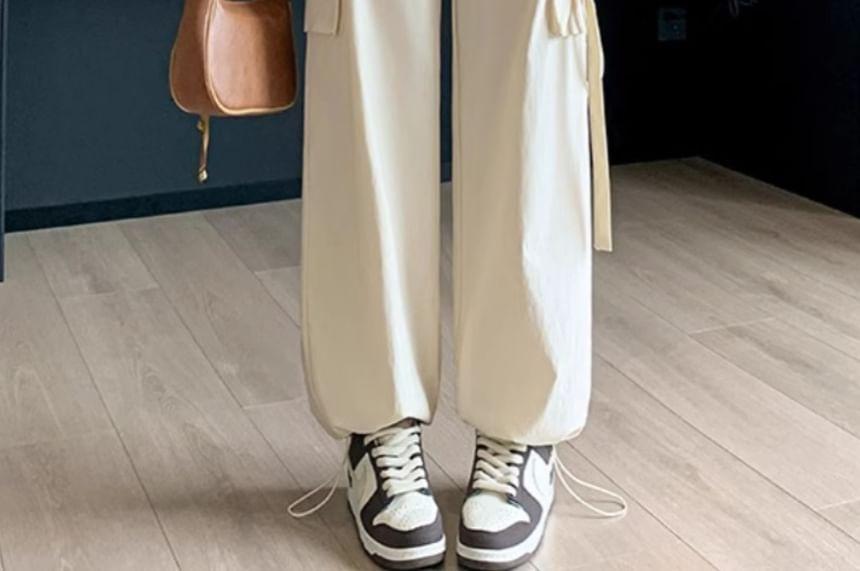 High Waist Plain Wide Leg Cargo Pants Product Image