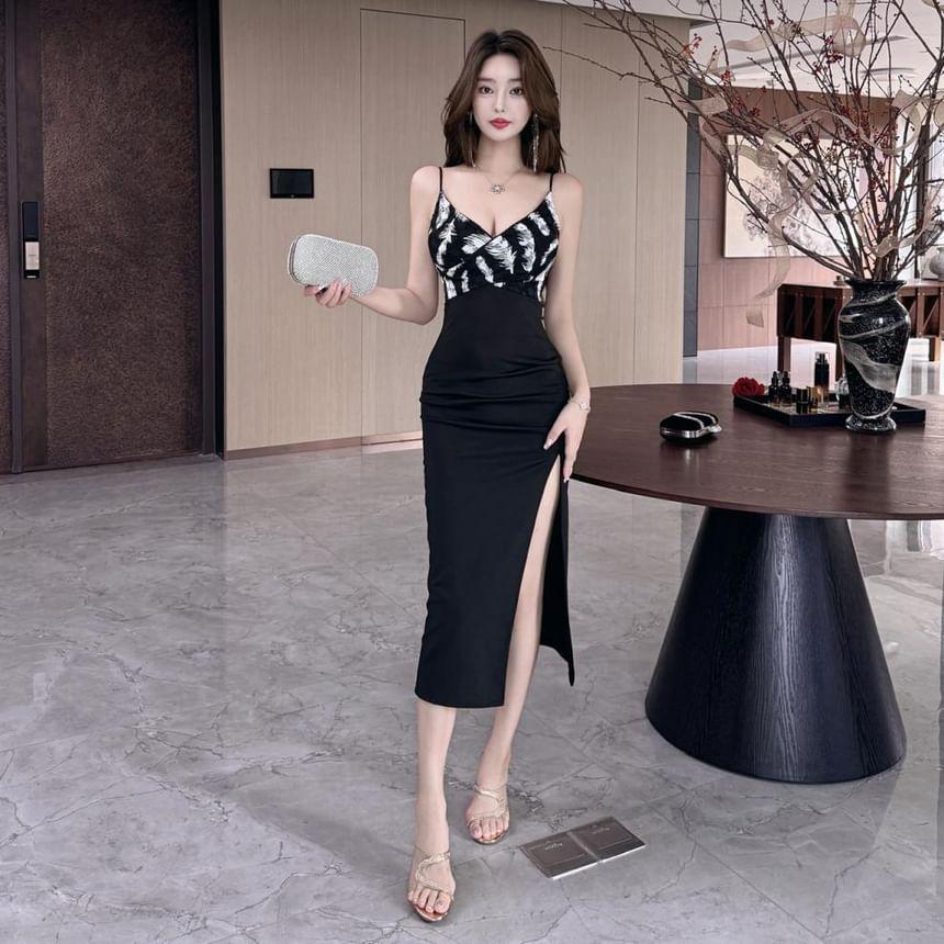 Spaghetti Strap V-Neck Feather Print Slit Panel Midi Sheath Dress Product Image