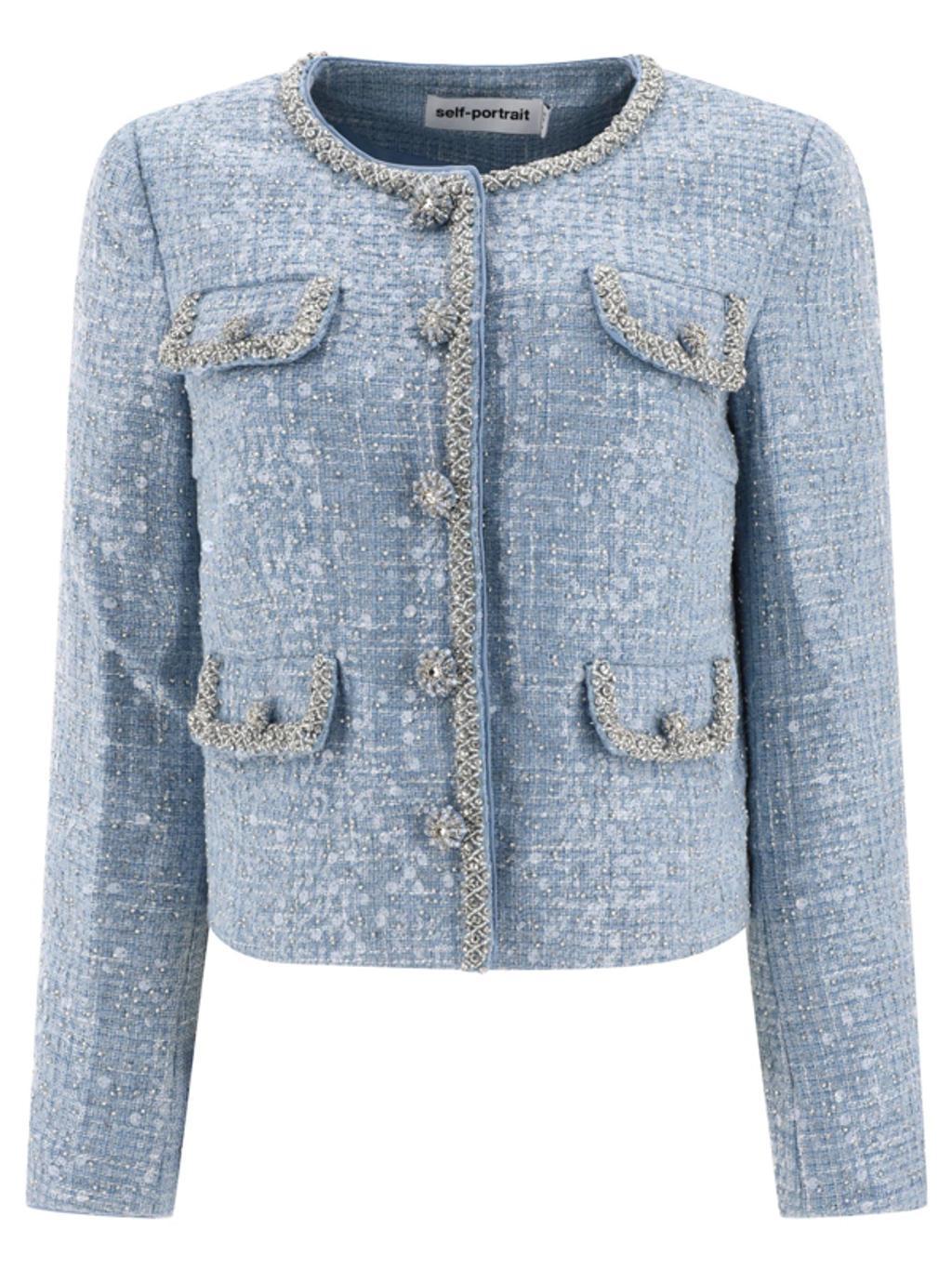 Cropped Sequin Boucle Jacket In Blue Product Image