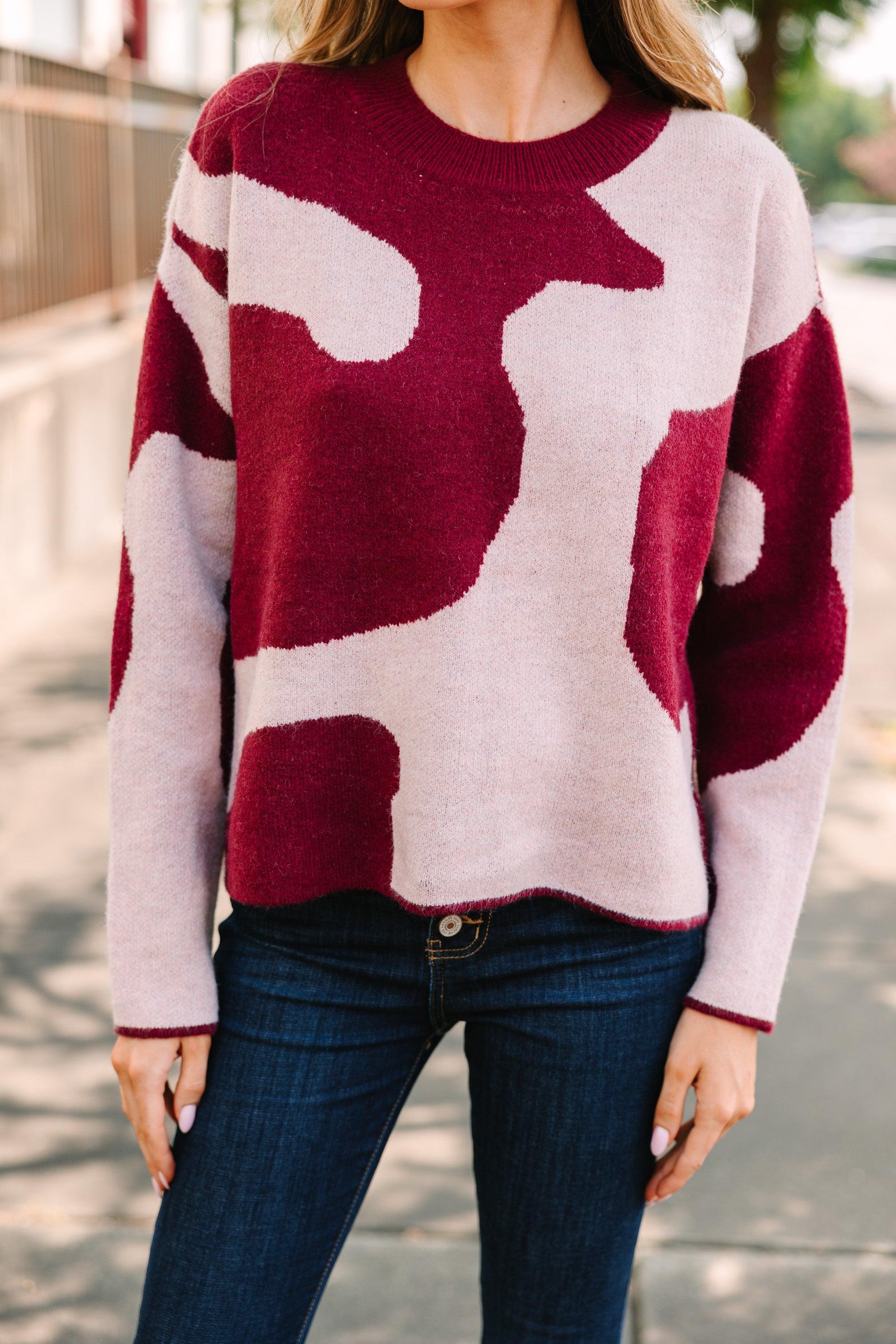 Move On Over Burgundy Red Cow Print Sweater Female Product Image