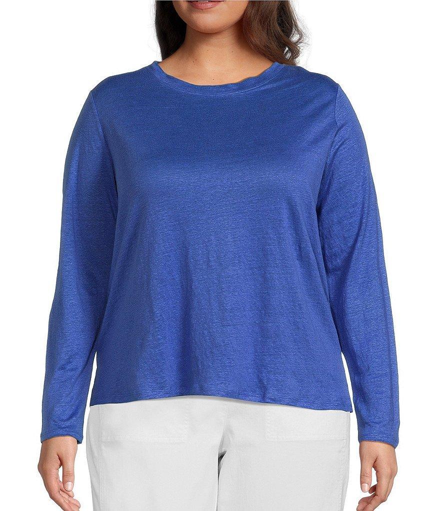 Eileen Fisher Plus Size Organic Linen Jersey Knit Crew Neck Long Sleeve Tee Shirt Product Image