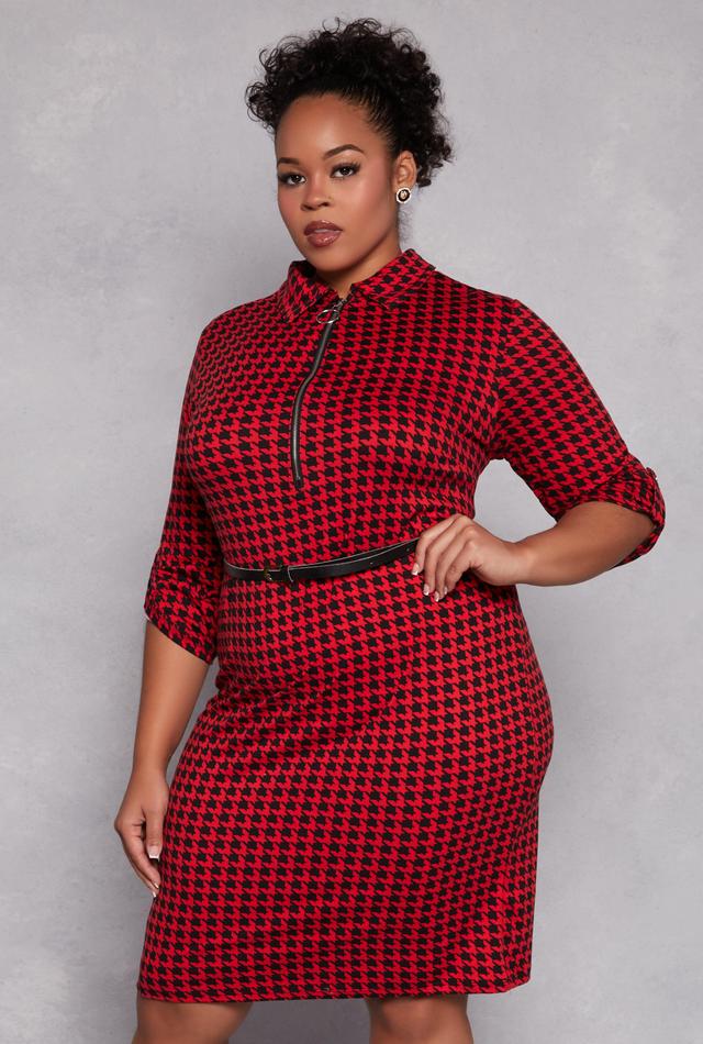 Womens Plus Size Houndstooth Half Zip Midi Dress Product Image