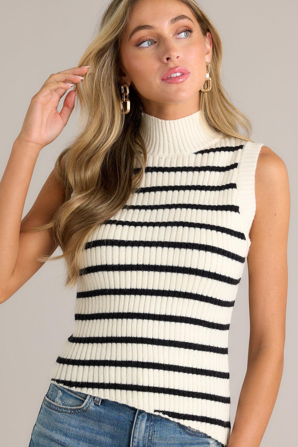 Downtown Chic Ivory Sleeveless Stripe Sweater Top Product Image