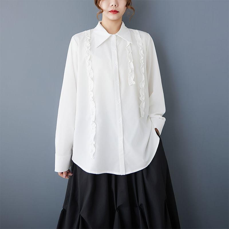 Long-Sleeve Plain Frill Trim Button-Up Shirt Product Image