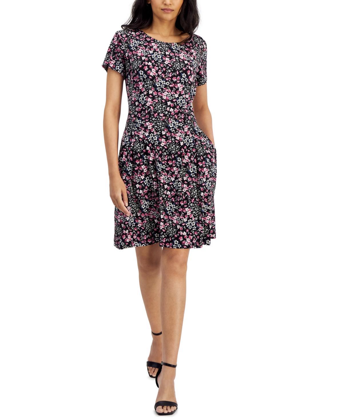 Connected Womens Printed Round-Neck Short-Sleeve Dress Product Image