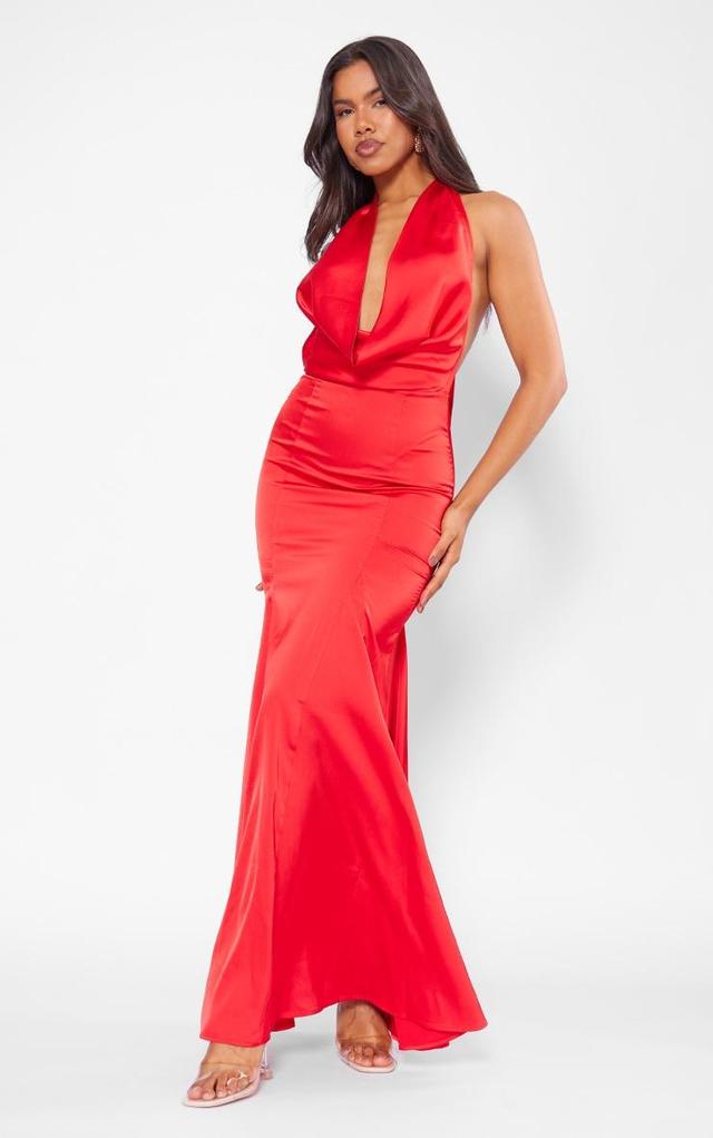 Red Satin Extreme Cowl Neck Maxi Dress Product Image