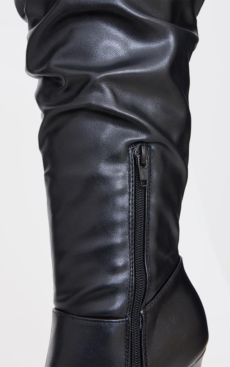 Black PU Point Toe Ruched High Stiletto Heeled Knee Boots Product Image