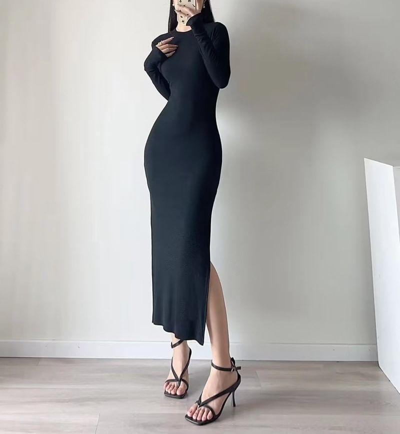 Long-Sleeve Crew Neck Plain Slit Midi Bodycon Dress Product Image