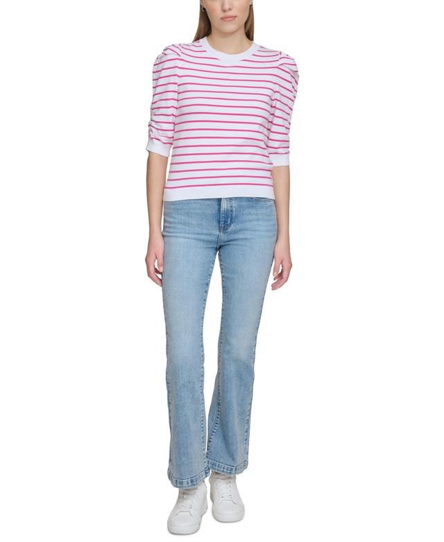 Dkny Jeans Womens Striped Ruched-Sleeve Crewneck Top - White Product Image