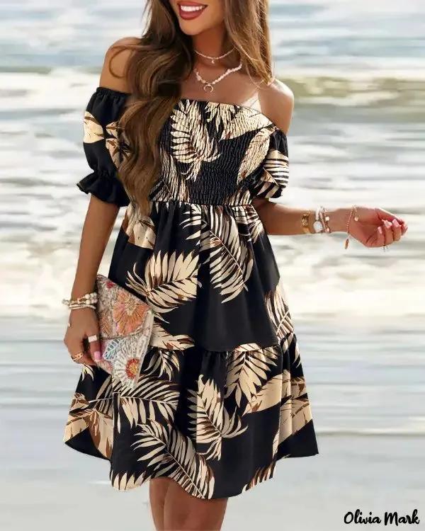 Olivia Mark – Off-the-Shoulder Tropical Print Gathered A-Line Dress Product Image