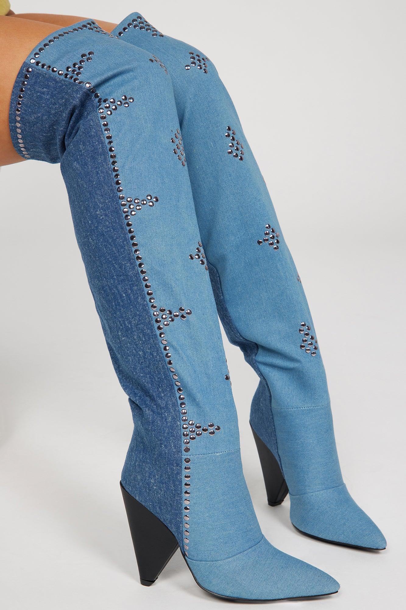 Came To Win Over The Knee Heeled Boots - Denim Product Image