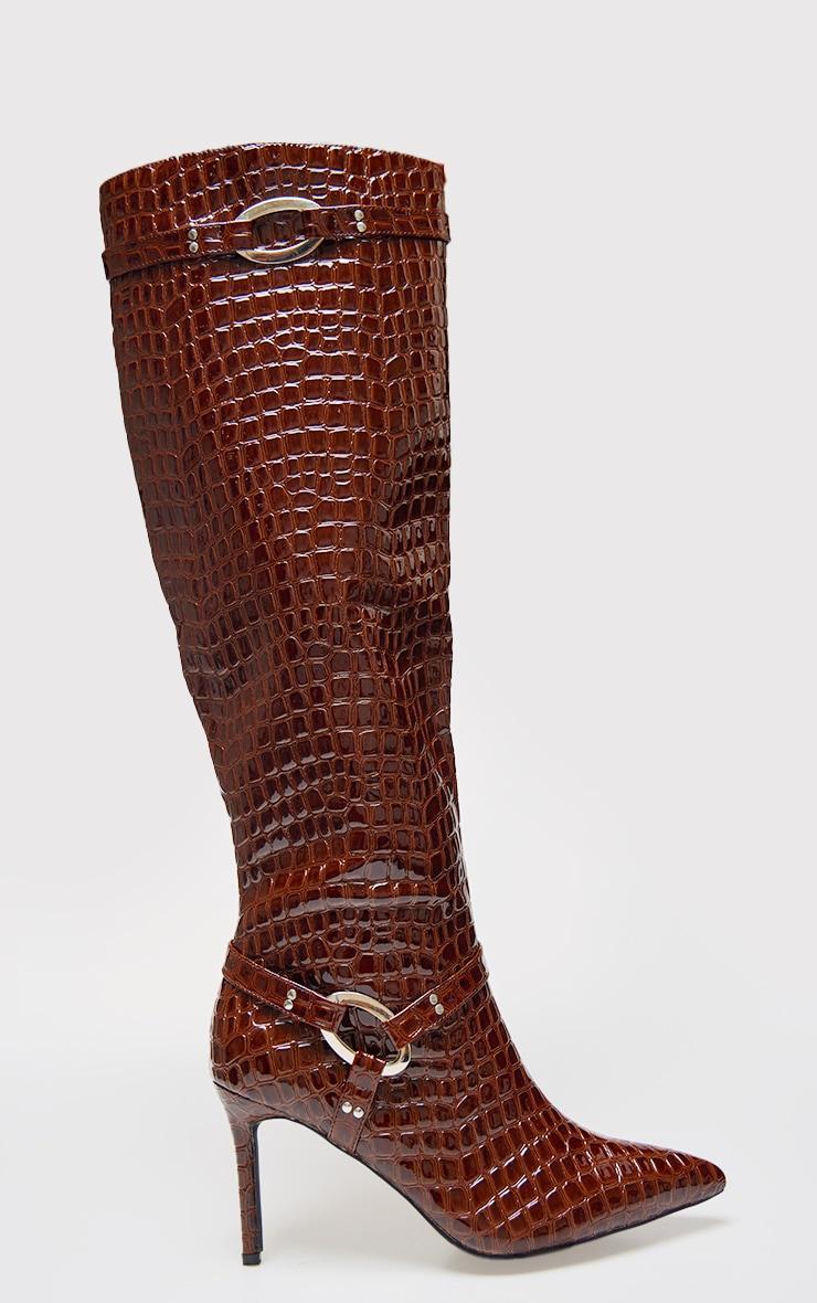 Chocolate Croc Pu Point Toe Ring Detail Knee High Heeled Boots Product Image