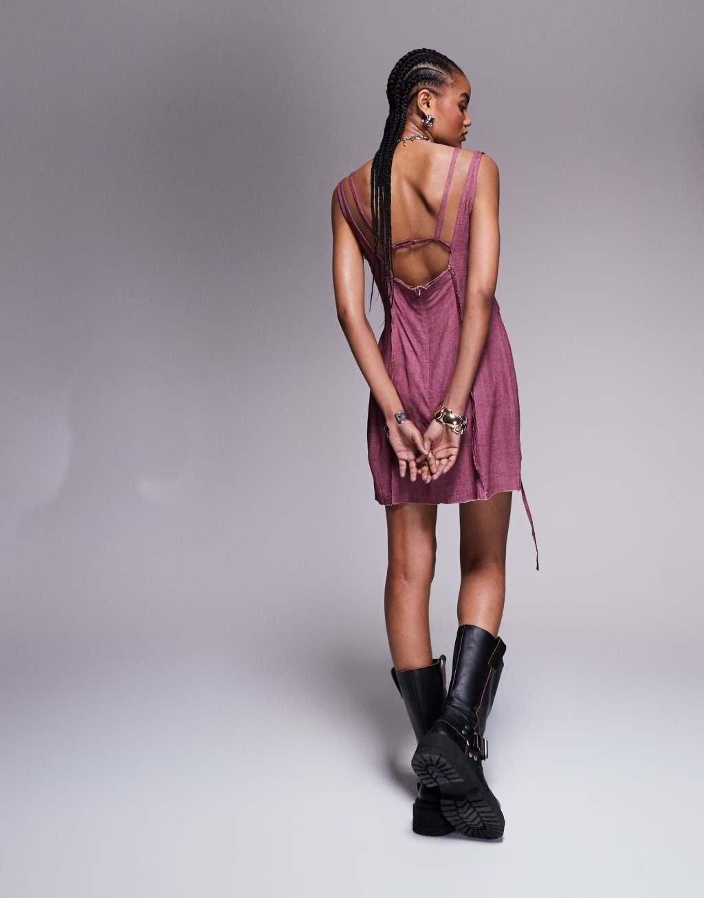 ASOS DESIGN exposed seaming bralette linen look mini dress in burgundy Product Image