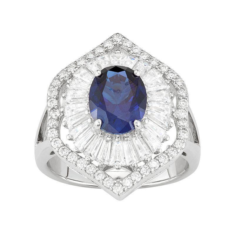 Designs by Gioelli Sterling Silver Lab-Created Blue & White Sapphire Baguette Halo Ring, Womens Product Image