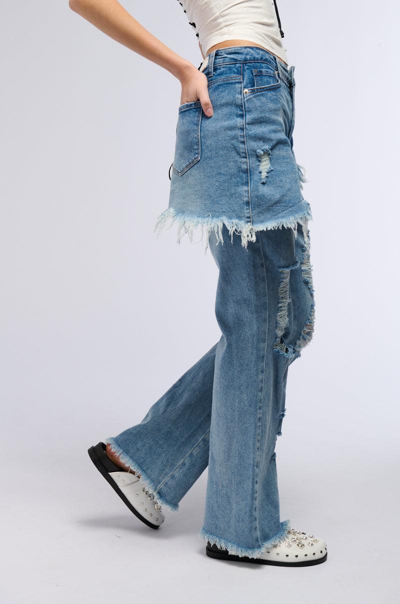 DISTRESSED SKIRT STRAIGHT LEG DENIM JEANS Product Image