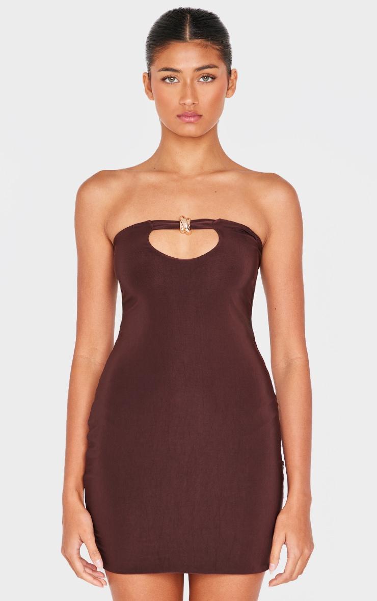 Chocolate Double Layer Slinky Trim Detail Bandeau Mini Dress Product Image