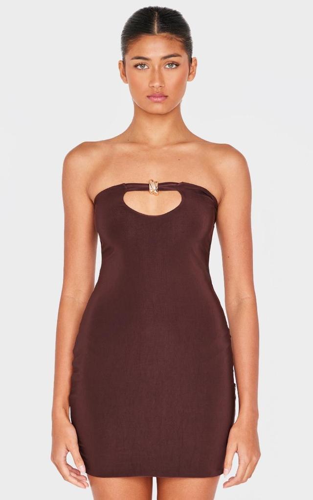 Chocolate Double Layer Slinky Trim Detail Bandeau Mini Dress Product Image