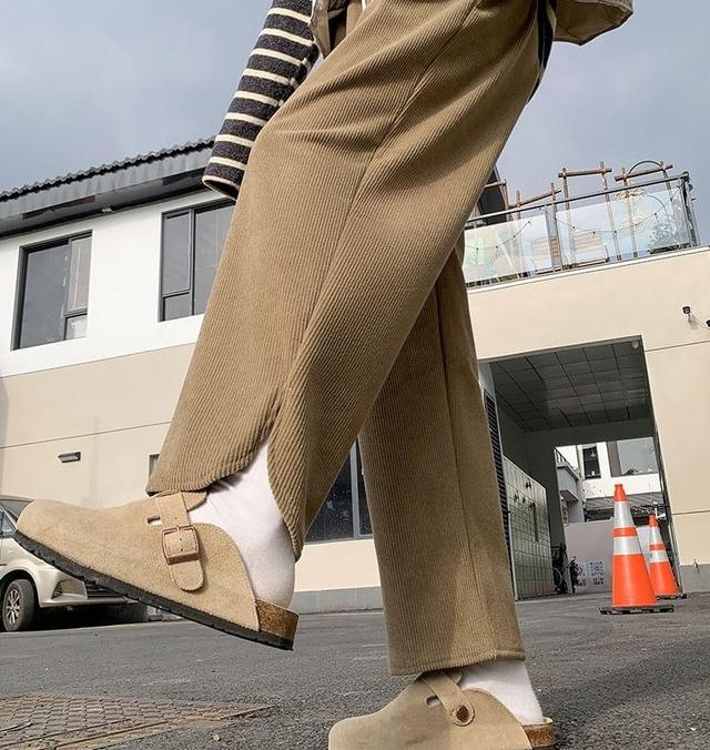 Drawstring Waist Plain Slit Corduroy Cropped Loose Fit Pants Product Image