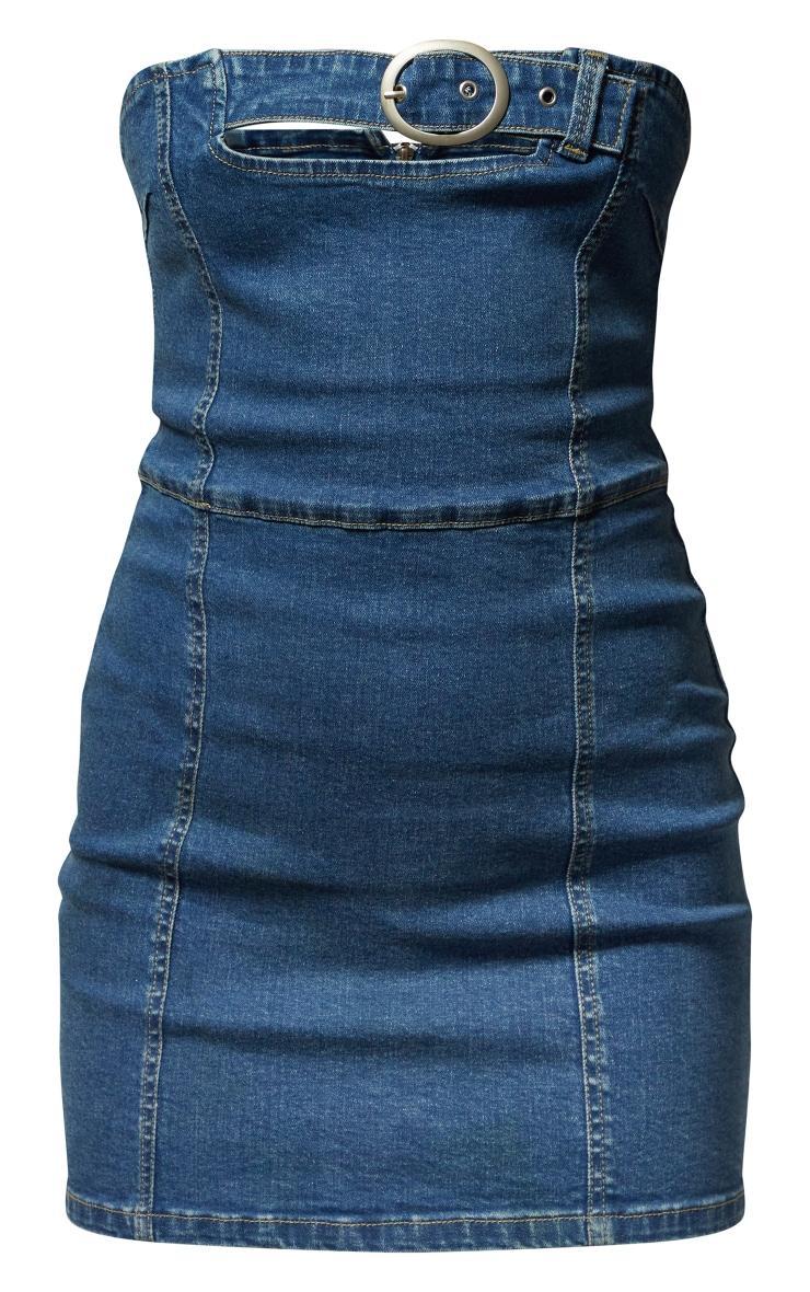 Mid Blue Wash Belted Stretch Denim Micro Mini Dress Product Image