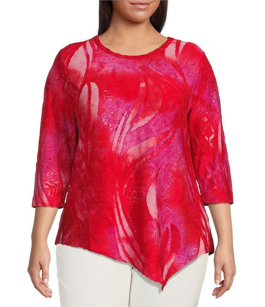 Calessa Plus Size Round Neck Long Sleeve Asymmetric Hem Burnout Tie Dye Blouse Product Image